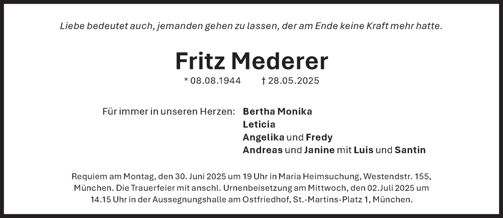  Traueranzeige für Fritz Mederer vom 28.06.2025 aus Süddeutsche Zeitung