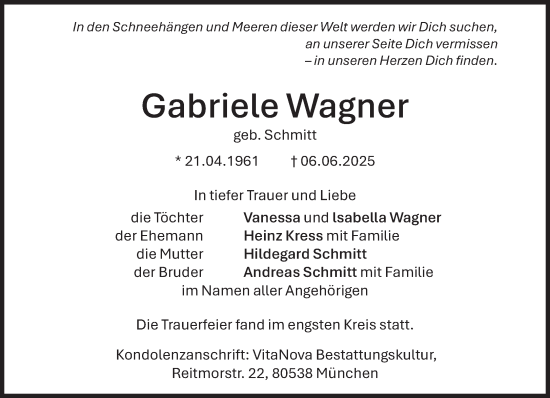 Traueranzeige von Gabriele Wagner von Süddeutsche Zeitung