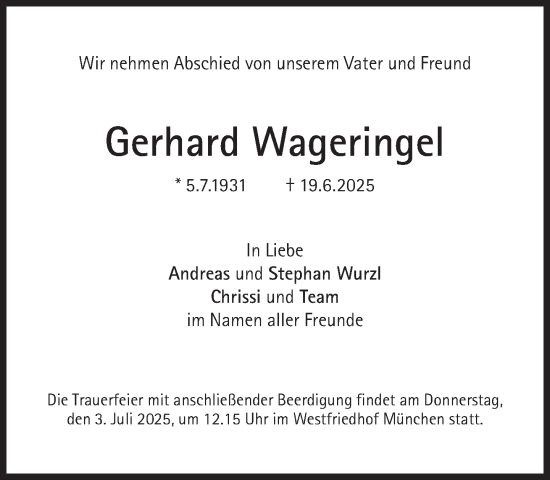 Traueranzeige von Gerhard Wageringel von Süddeutsche Zeitung