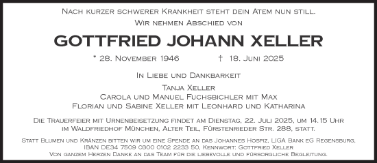 Traueranzeige von Gottfried Johann Xeller von Süddeutsche Zeitung