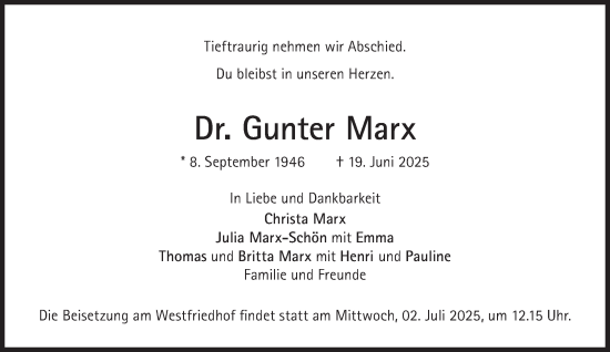 Traueranzeige von Gunter Marx von Süddeutsche Zeitung