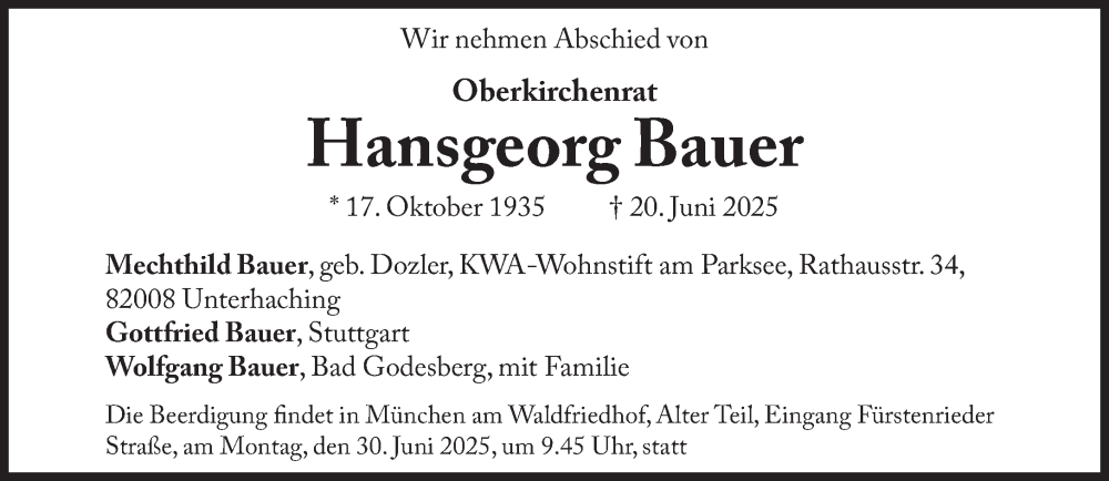  Traueranzeige für Hansgeorg Bauer vom 27.06.2025 aus Süddeutsche Zeitung