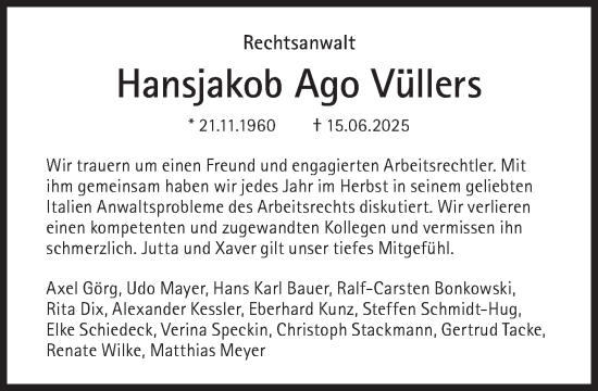 Traueranzeige von Hansjakob Ago Vüllers von Süddeutsche Zeitung