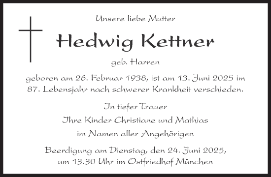 Traueranzeige von Hedwig Kettner von Süddeutsche Zeitung