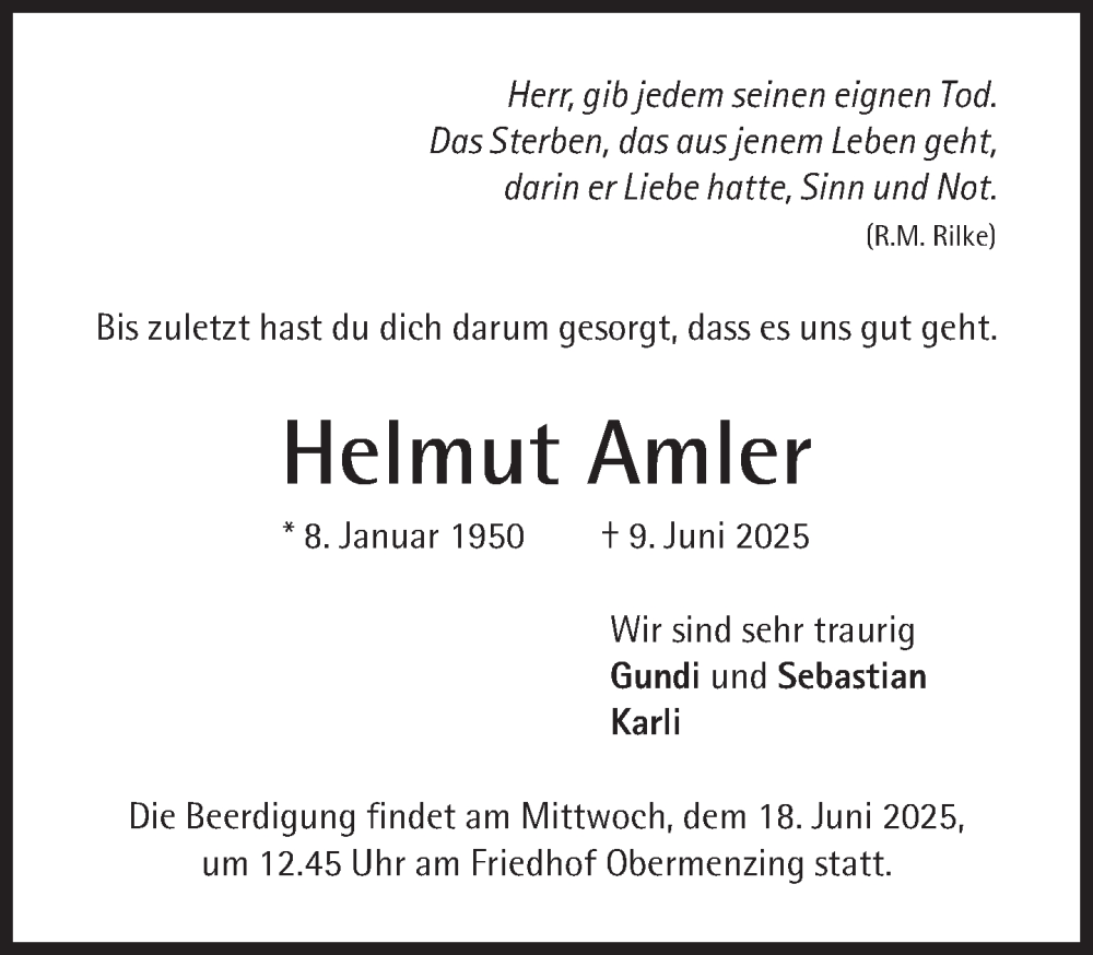  Traueranzeige für Helmut Amler vom 14.06.2025 aus Süddeutsche Zeitung