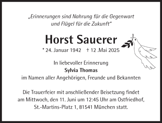 Traueranzeige von Horst Sauerer von Süddeutsche Zeitung