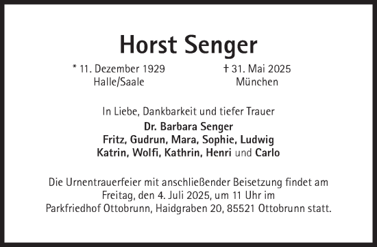 Traueranzeige von Horst Senger von Süddeutsche Zeitung