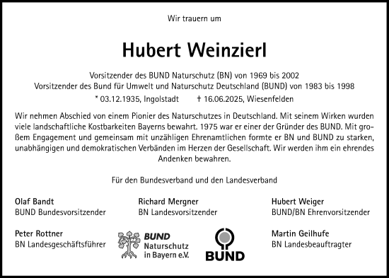 Traueranzeige von Hubert Weinzierl von Süddeutsche Zeitung