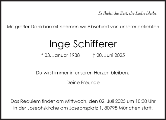 Traueranzeige von Inge Schifferer von Süddeutsche Zeitung