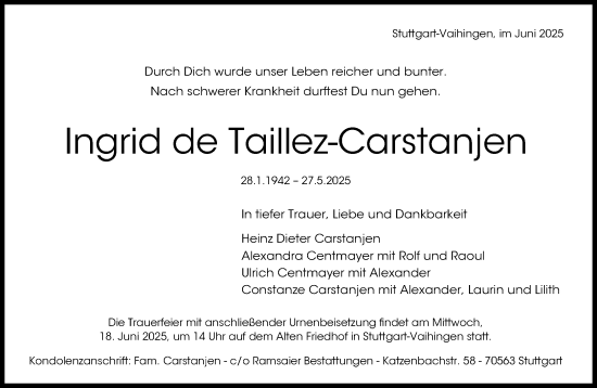 Traueranzeige von Ingrid de Taillez-Carstanjen von Süddeutsche Zeitung