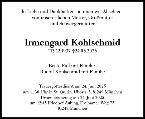 Traueranzeige von Irmengard Kohlschmid von Süddeutsche Zeitung