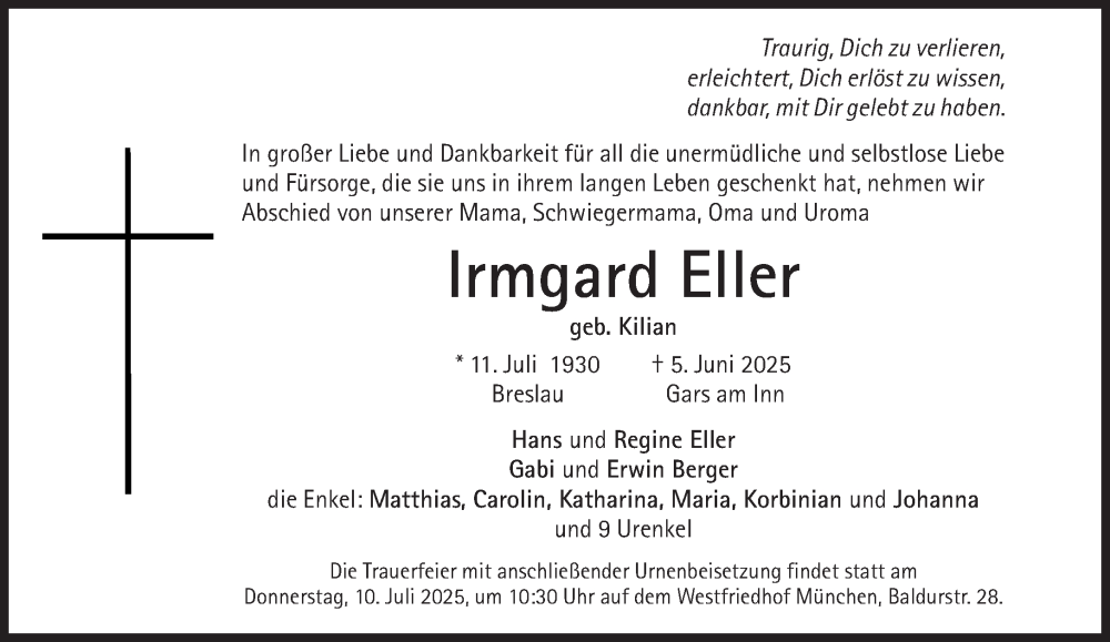  Traueranzeige für Irmgard Eller vom 21.06.2025 aus Süddeutsche Zeitung