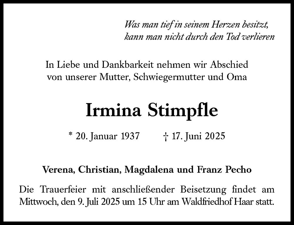  Traueranzeige für Irmina Stimpfle vom 28.06.2025 aus Süddeutsche Zeitung