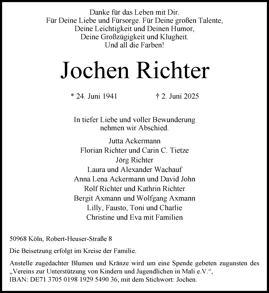  Traueranzeige für Jochen Richter vom 14.06.2025 aus Süddeutsche Zeitung
