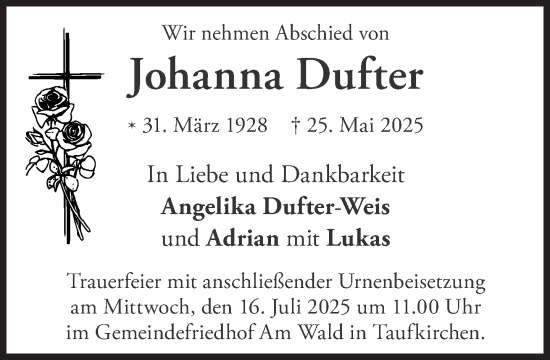 Traueranzeige von Johanna Dufter von Süddeutsche Zeitung