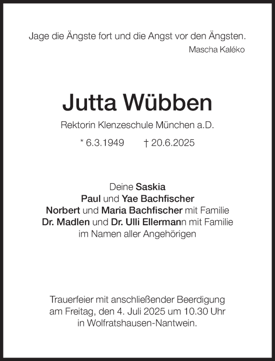 Traueranzeige von Jutta Wübben von Süddeutsche Zeitung