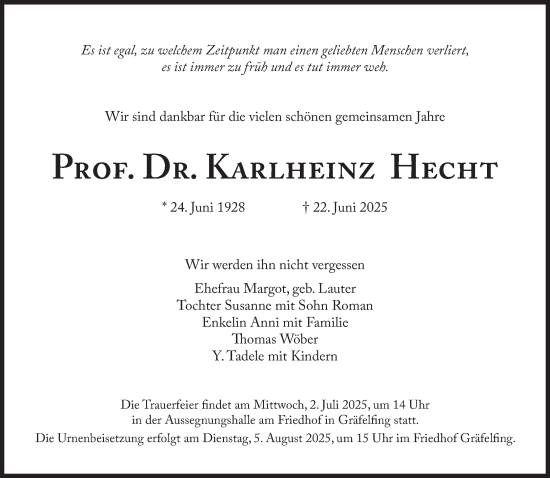 Traueranzeige von Karlheinz Hecht von Süddeutsche Zeitung