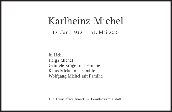 Traueranzeige von Karlheinz Michel von Süddeutsche Zeitung
