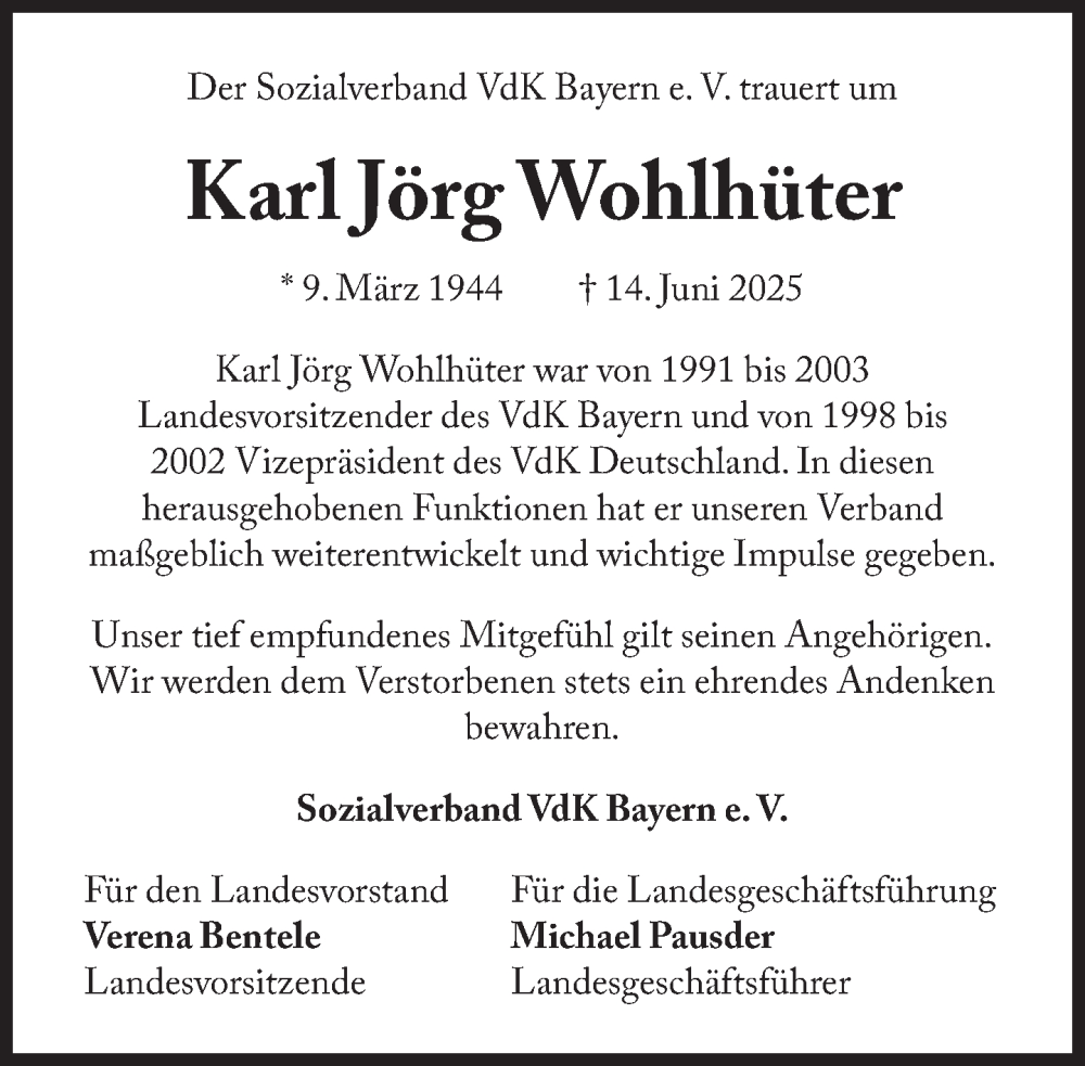  Traueranzeige für Karl Jörg Wohlhüter vom 20.06.2025 aus Süddeutsche Zeitung