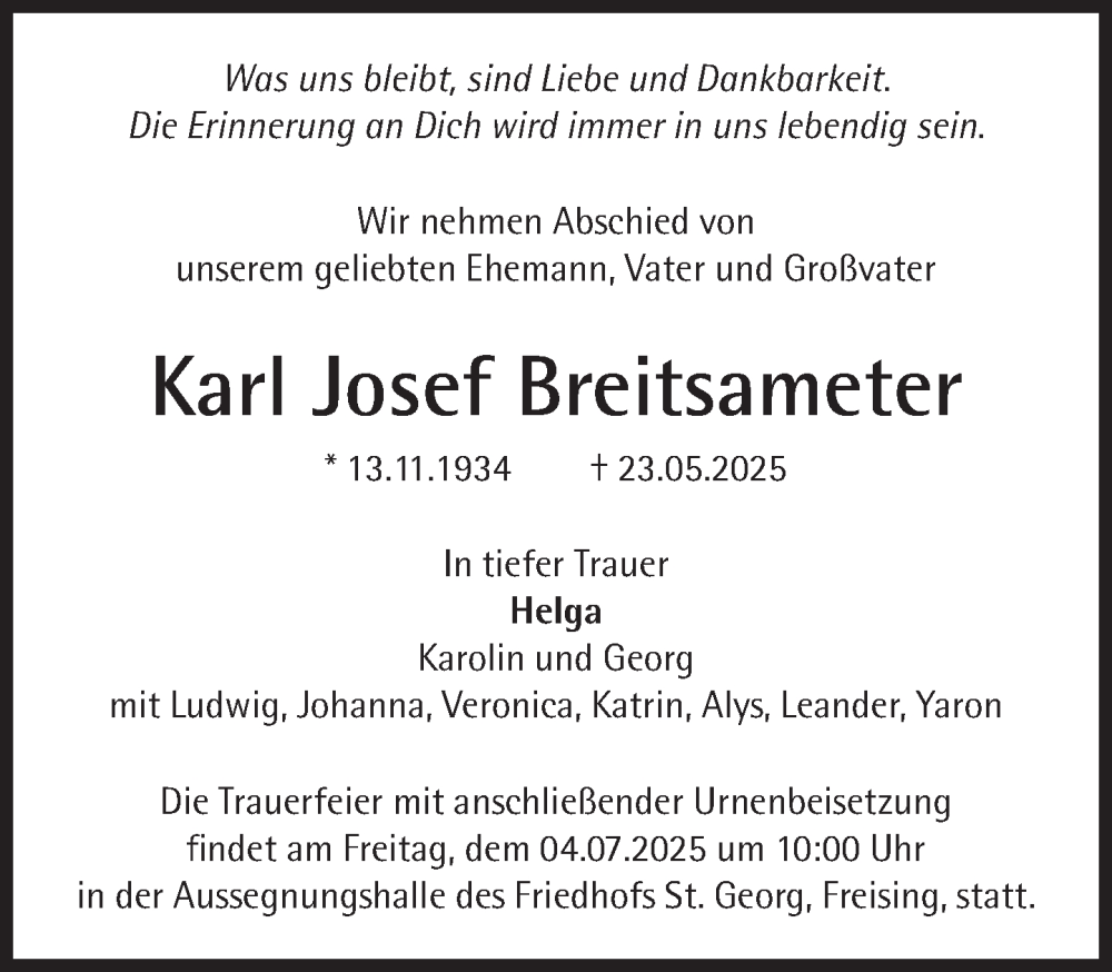  Traueranzeige für Karl Josef Breitsameter vom 28.06.2025 aus Süddeutsche Zeitung