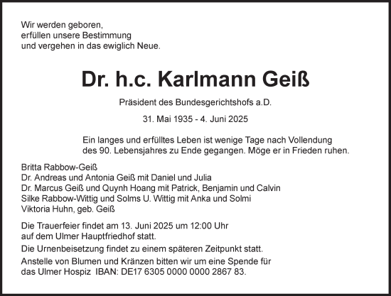 Traueranzeige von Karlmann Geiß von Süddeutsche Zeitung