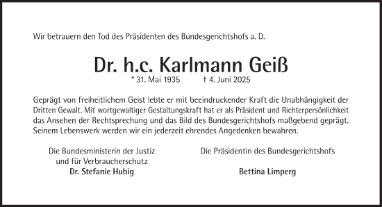 Traueranzeige von Karlmann Geiß von Süddeutsche Zeitung