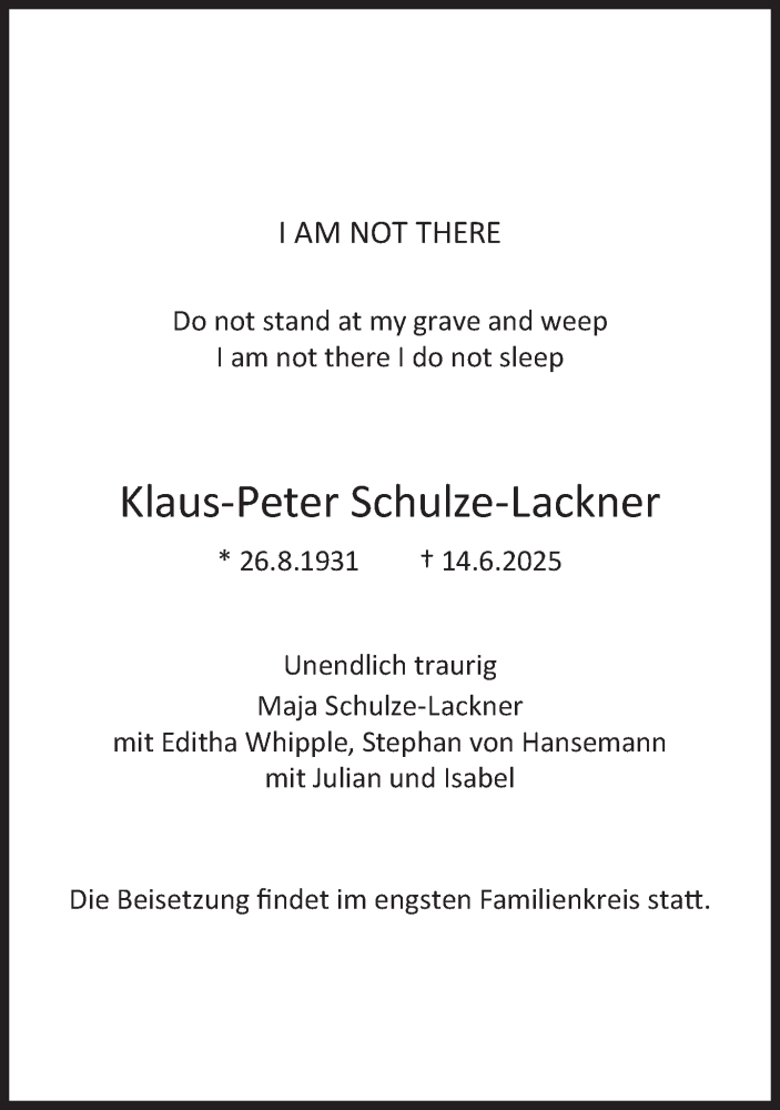  Traueranzeige für Klaus-Peter Schulze-Lackner vom 21.06.2025 aus Süddeutsche Zeitung
