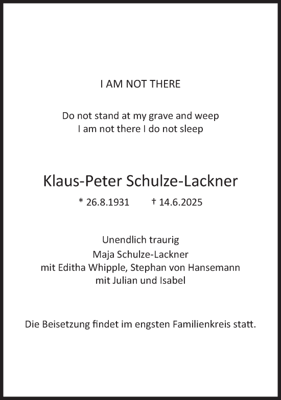 Traueranzeige von Klaus-Peter Schulze-Lackner von Süddeutsche Zeitung