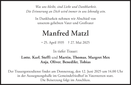 Traueranzeige von Manfred Matzl von Süddeutsche Zeitung