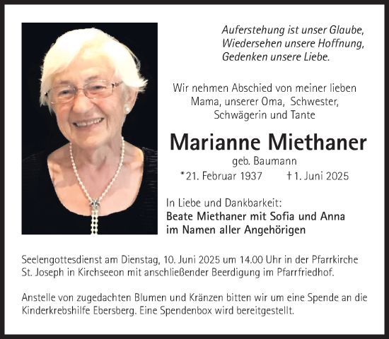 Traueranzeige von Marianne Miethaner von Süddeutsche Zeitung