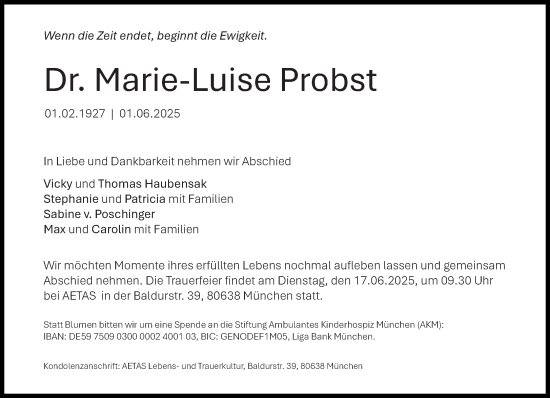 Traueranzeige von Marie-Luise Probst von Süddeutsche Zeitung