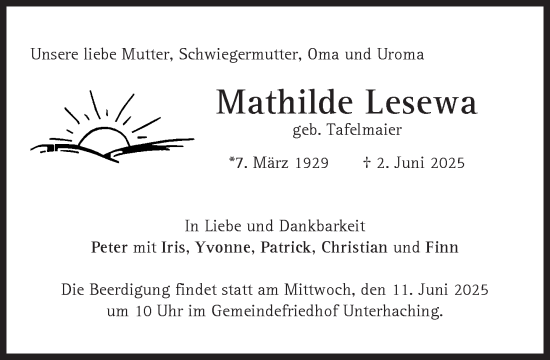 Traueranzeige von Mathilde Lesewa von Süddeutsche Zeitung