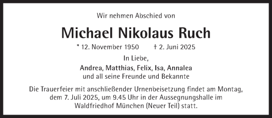 Traueranzeige von Michael Nikolaus Ruch von Süddeutsche Zeitung