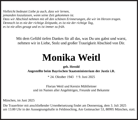 Traueranzeige von Monika Weitl von Süddeutsche Zeitung