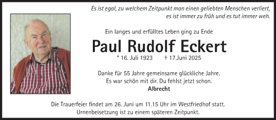 Traueranzeige von Paul Rudolf Eckert von Süddeutsche Zeitung
