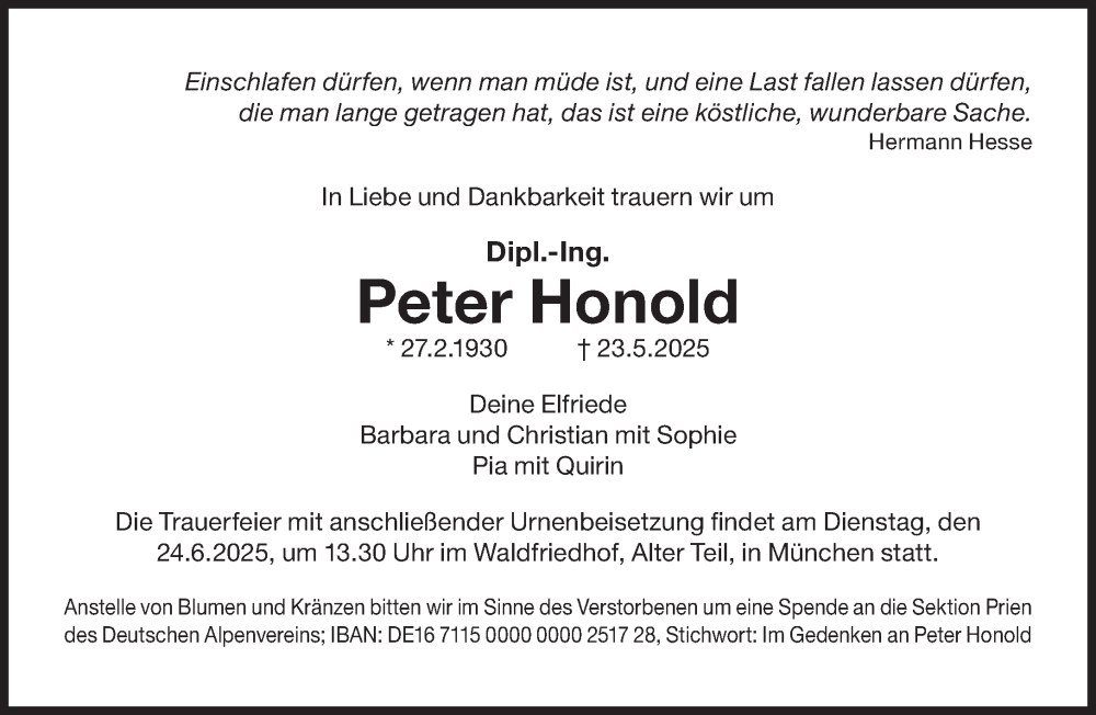  Traueranzeige für Peter Honold vom 07.06.2025 aus Süddeutsche Zeitung
