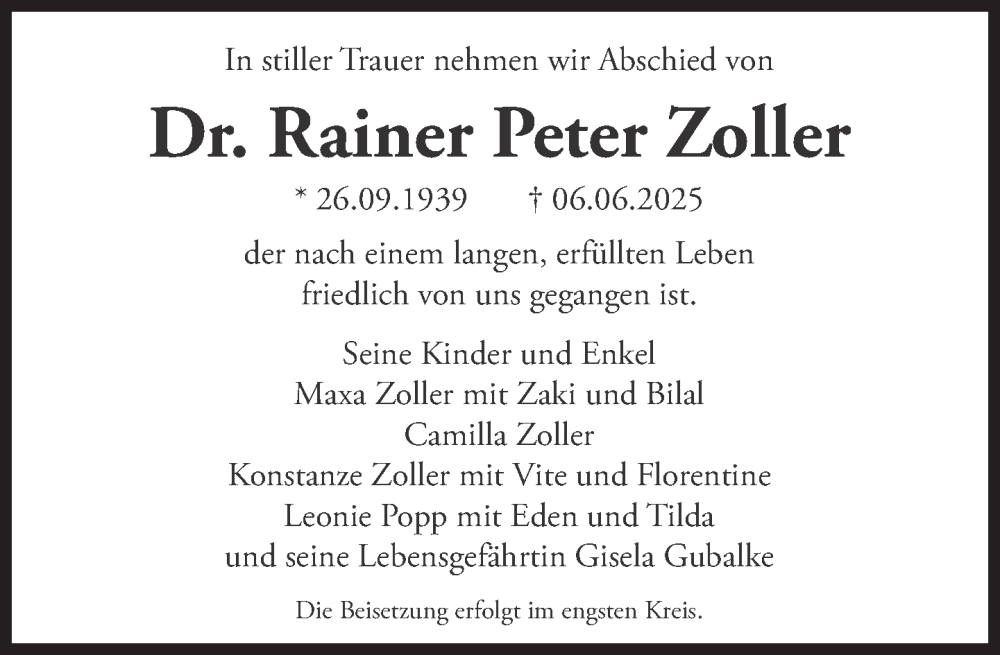  Traueranzeige für Rainer Peter Zoller vom 14.06.2025 aus Süddeutsche Zeitung