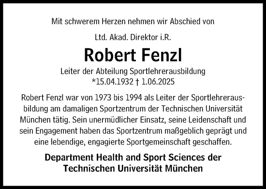 Traueranzeige von Robert Fenzl von Süddeutsche Zeitung