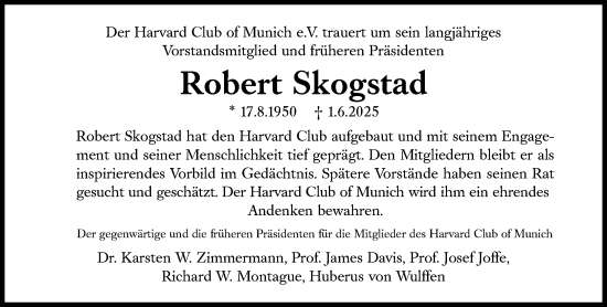 Traueranzeige von Robert Skogstad von Süddeutsche Zeitung