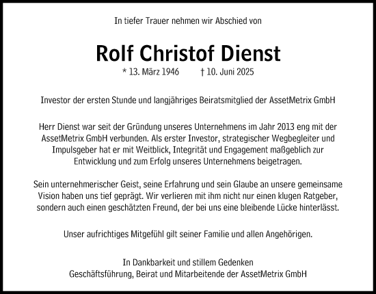 Traueranzeige von Rolf Christof Dienst von Süddeutsche Zeitung