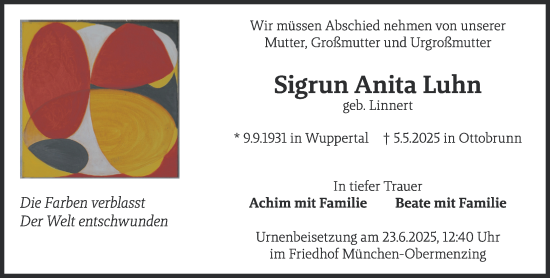 Traueranzeige von Sigrun Anita Luhn von Süddeutsche Zeitung