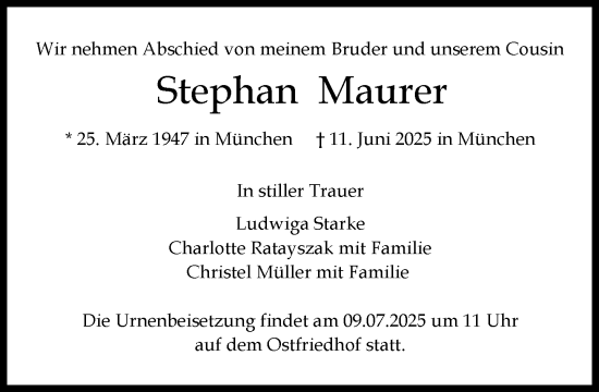Traueranzeige von Stephan Maurer von Süddeutsche Zeitung