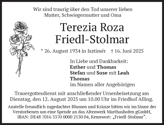 Traueranzeige von Terezia Roza Friedl-Stolmar von Süddeutsche Zeitung