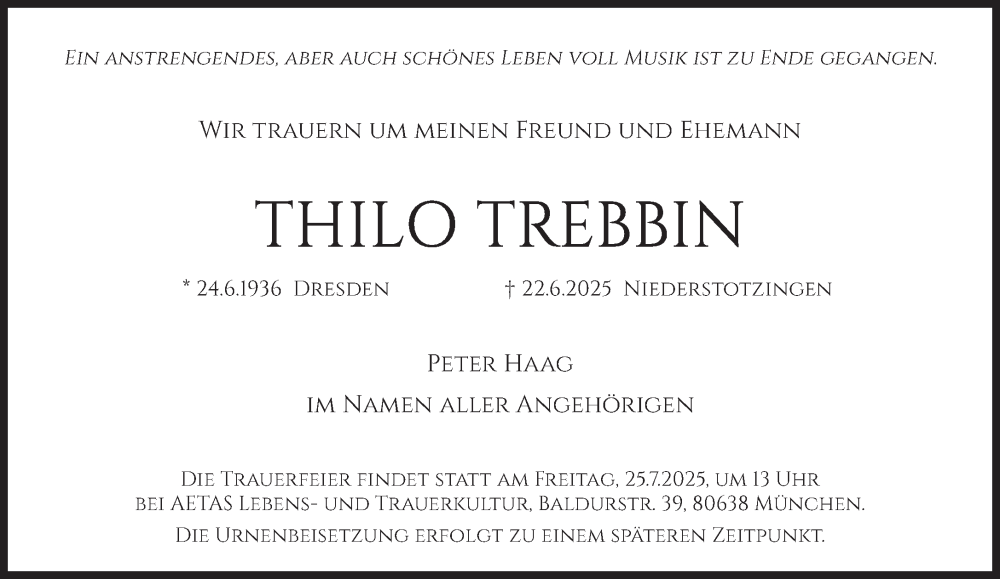  Traueranzeige für Thilo Trebbin vom 05.07.2025 aus Süddeutsche Zeitung