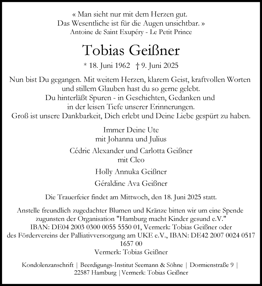  Traueranzeige für Tobias Geißner vom 14.06.2025 aus Süddeutsche Zeitung