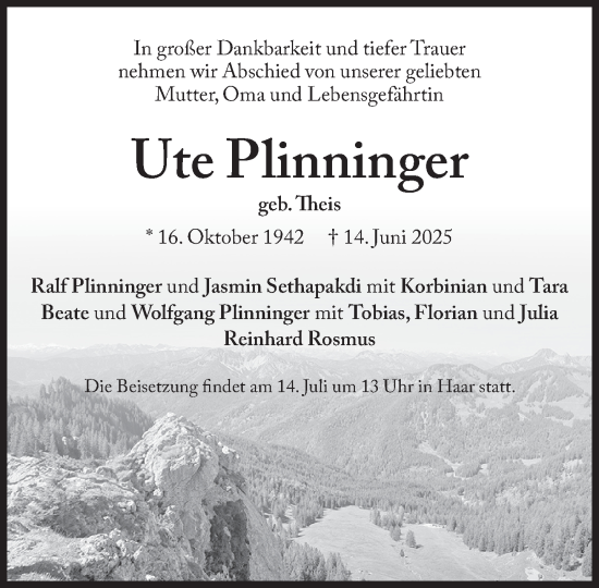 Traueranzeige von Ute Plinninger von Süddeutsche Zeitung