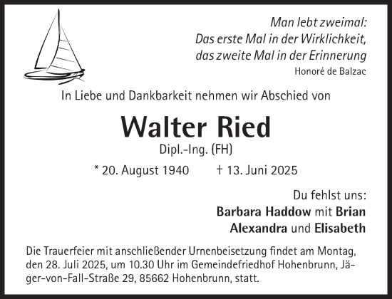 Traueranzeige von Walter Ried von Süddeutsche Zeitung