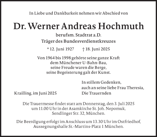 Traueranzeige von Werner Andreas Hochmuth von Süddeutsche Zeitung