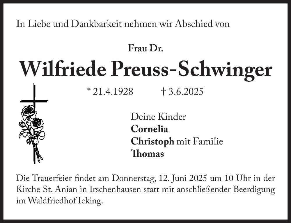  Traueranzeige für Wilfriede Preuss-Schwinger vom 07.06.2025 aus Süddeutsche Zeitung