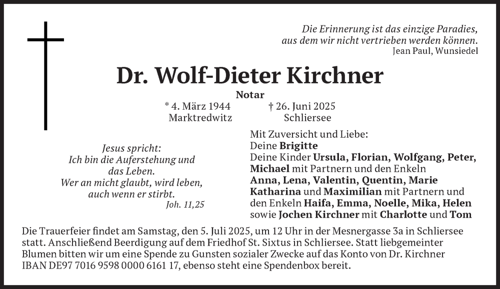  Traueranzeige für Wolf-Dieter Kirchner vom 01.07.2025 aus Süddeutsche Zeitung
